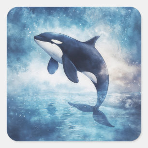 Pegatina Cuadrada Orca Majestuosa Elevándose Entre las Estrellas