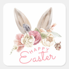 Pegatina Cuadrada Orejas de conejito floral | Feliz Pascua