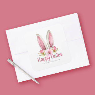 Pegatina Cuadrada Orejas de conejo florales rosadas lindas Feliz Pas