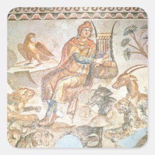 Pegatina Cuadrada Orfeo tocando a los animales, mosaico romano