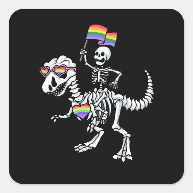 Pegatina Cuadrada Orgullo Gay de Halloween LGBT Rex Dinosaur Skeleto (Anverso)