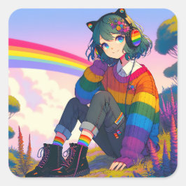 Pegatina Cuadrada Orgullo lésbico de Chica anime LGBTQIA+