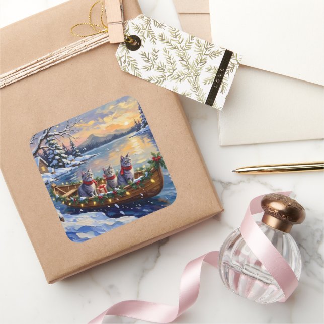 Pegatina Cuadrada Oriental Blue Cat Christmas Boat Holiday (Regalar)