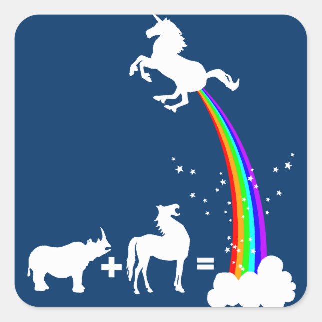 Pegatina Cuadrada Origen divertido de unicornio (Anverso)