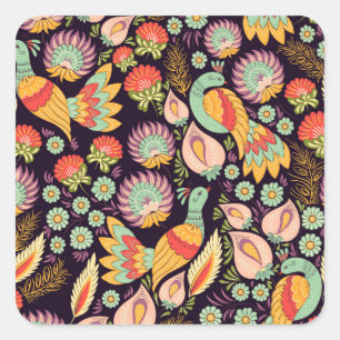 Pegatina Cuadrada Ornamento de aves florales folclóricas vintage