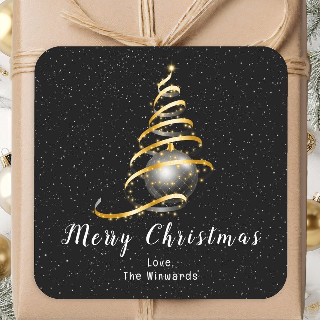 Pegatina Cuadrada Ornamento dorado y negro Feliz Navidad (Subido por el creador)