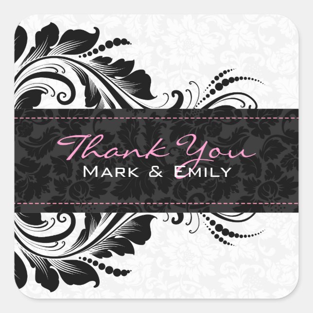 Pegatina Cuadrada Ornamento Floral Blanco Y Negro (Anverso)