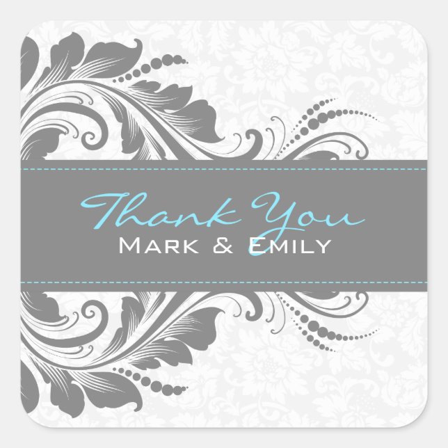 Pegatina Cuadrada Ornamento Floral Gris Y Blanco (Anverso)