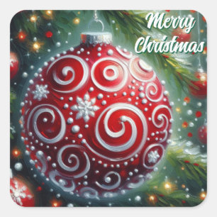 Pegatina Cuadrada Ornamento navideño caprichoso Red White Swirls