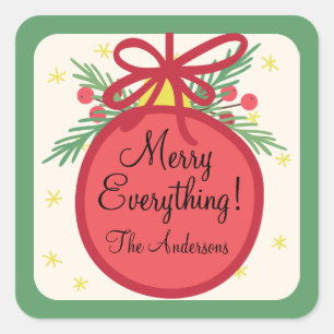 Pegatina Cuadrada Ornamento navideño Holly Berries y regalo de pino