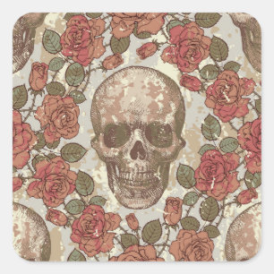 Pegatina Cuadrada Ornamento retro de cráneos y Rosas