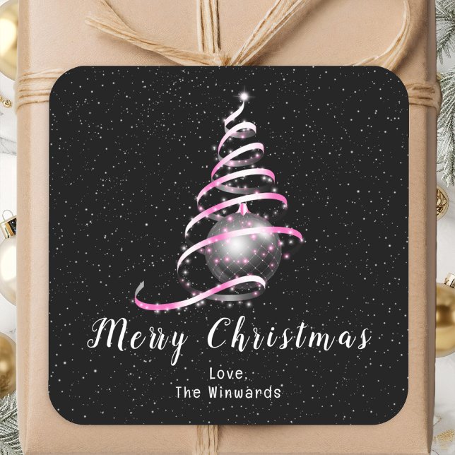 Pegatina Cuadrada Ornamento rosa y negro Feliz Navidad (Subido por el creador)
