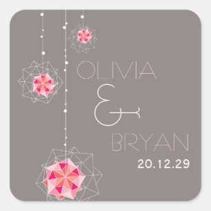 Pegatina Cuadrada Ornamentos colgantes de color rosa alumbran a Boda
