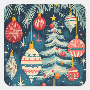 Pegatina Cuadrada Ornamentos de árboles navideños divertidos retro