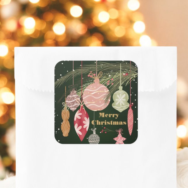 Pegatina Cuadrada Ornamentos de época Ilustraciones navideños feroce (Vintage Ornaments Merry Christmas Illustrations Square Sticker)
