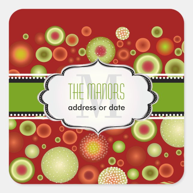 Pegatina Cuadrada Ornamentos de Navidad Verde + Rojo de PixDezines (Anverso)