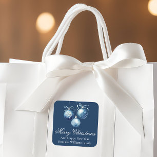 Pegatina Cuadrada Ornamentos navideños de moda azul merry personaliz