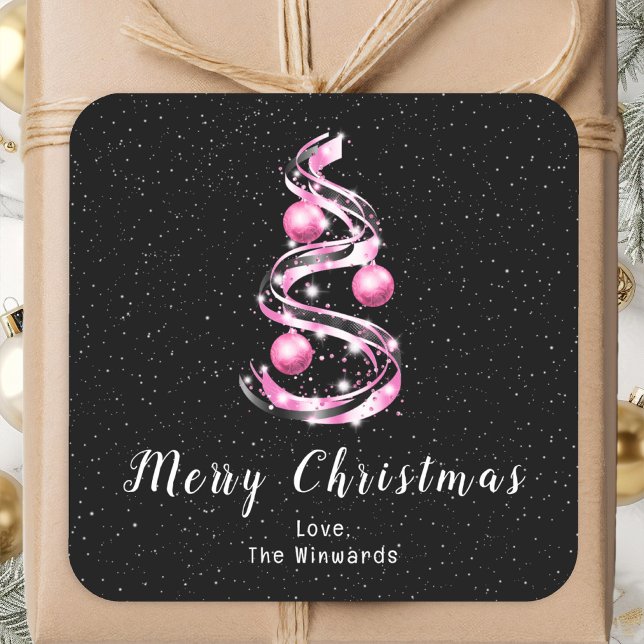 Pegatina Cuadrada Ornamentos rosados y negros Feliz Navidad (Subido por el creador)