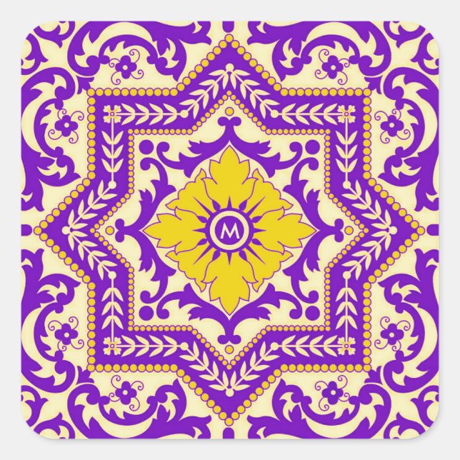 Pegatina Cuadrada Ornamgrama de estilo cerámico de Azulejo Monograma (Anverso)