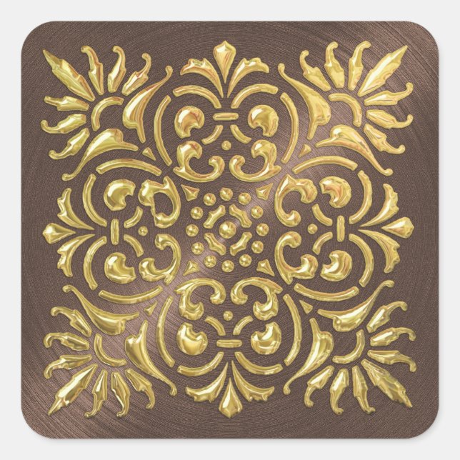 Pegatina Cuadrada Ornate Brown y Gold Grabado en relieve Look Pegati (Anverso)