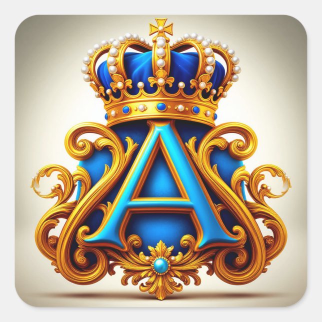 Pegatina Cuadrada Ornate Gold Letter A With Crown Frame Design (Anverso)
