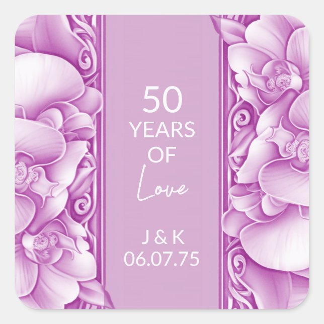 Pegatina Cuadrada Ornate Orchid Boda Personalizado (Anverso)