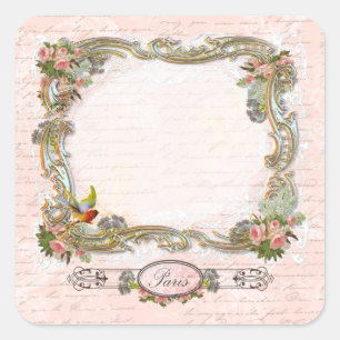 Pegatina Cuadrada Ornate Scrolls French Writing Pink Roses
