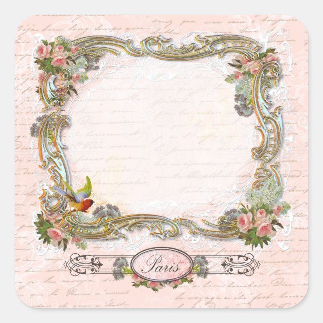 Pegatina Cuadrada Ornate Scrolls French Writing Pink Roses (Anverso)