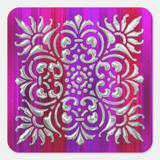 Pegatina Cuadrada Ornate Silver Red and Purple Stripe (Anverso)