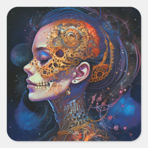 Pegatina Cuadrada Ornate Skull Woman Surreal Art