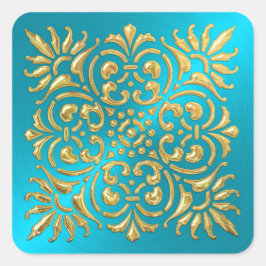Pegatina Cuadrada Ornate Turquoise and Gold Grabado en relieve Look 
