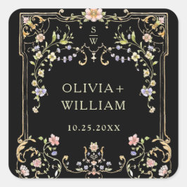 Pegatina Cuadrada Ornate Vintage Frame Bohemian Flowers Boda