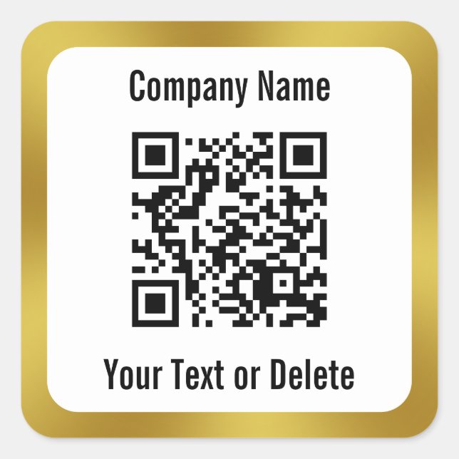 Pegatina Cuadrada Oro blanco y negro empresarial tu código QR y text (Anverso)