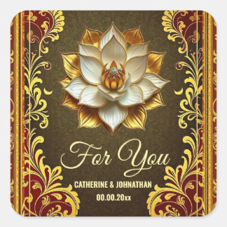 Pegatina Cuadrada Oro burdeos de flores de Lotus en hindi