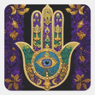 Pegatina Cuadrada Oro de Mardi Gras Verde Púrpura Hamsas Arte