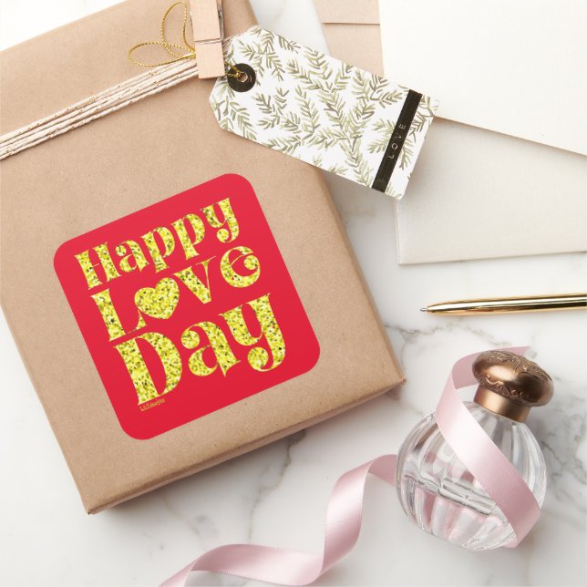 Pegatina Cuadrada Oro del Día del AMOR FELIZ (Regalar)