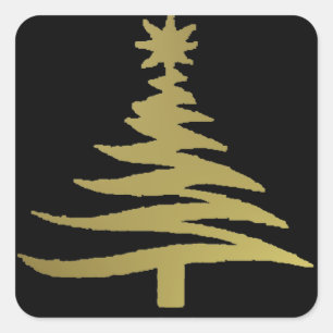 Pegatina Cuadrada Oro del patrón del árbol de Navidad en negro