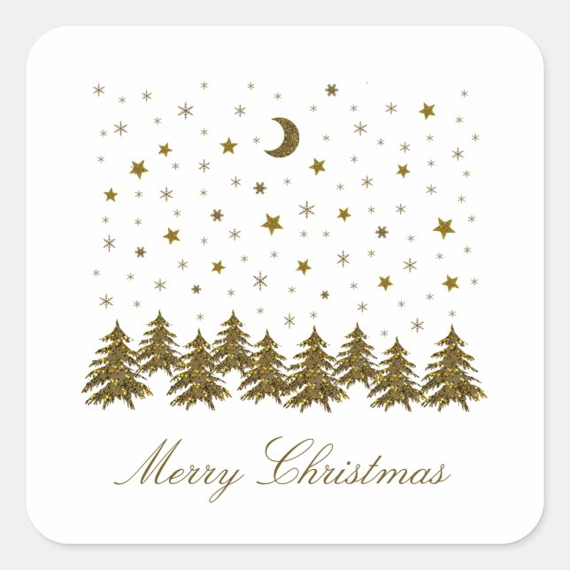 Pegatina Cuadrada Oro espumoso árbol de Navidad, luna, estrellas (Anverso)