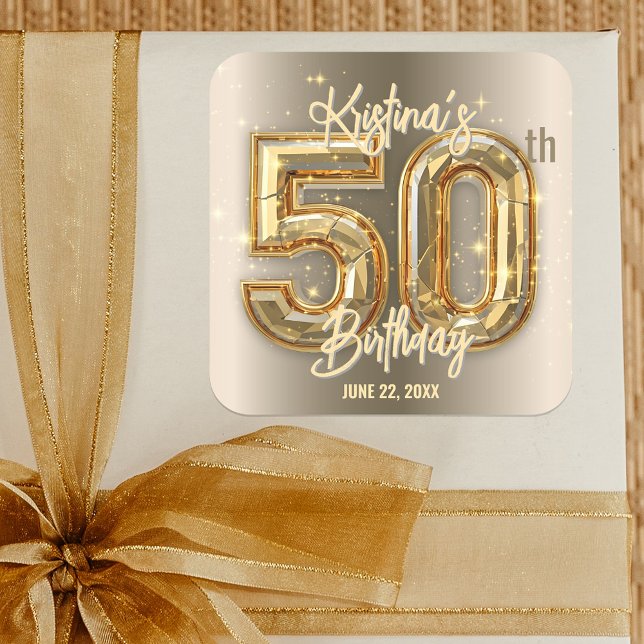 Pegatina Cuadrada Oro Glam moderno y acentos de diamante 50 cumpleañ (Subido por el creador)
