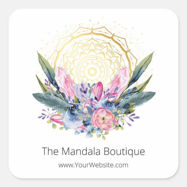 Pegatina Cuadrada Oro Mandala Cristales rosados Psíquicos Fotografía (Anverso)