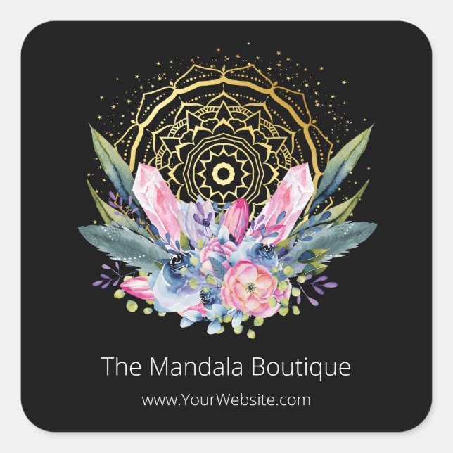 Pegatina Cuadrada Oro Mandala Cristales rosados Psíquicos Fotografía (Anverso)