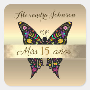 Pegatina Cuadrada Oro Negro Mariposa Floral Mexicana Señorita 15 Año