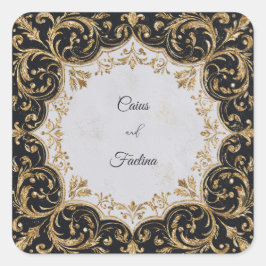Pegatina Cuadrada Oro Opulento Brillo Barroco Boda Negra