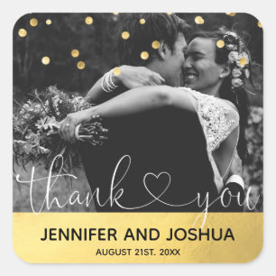 Pegatina Cuadrada Oro personalizado gracias Boda de corazón FOTO