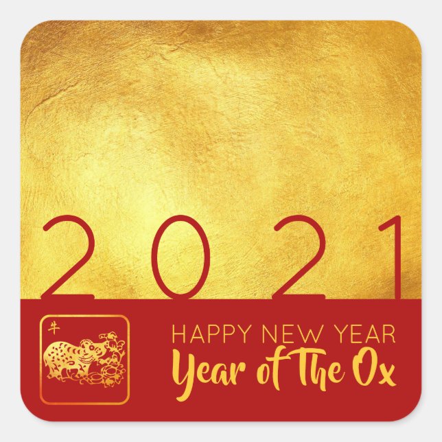 Pegatina Cuadrada Oro Rojo Chino Ox corte papel 2021 SqS (Anverso)