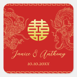 Pegatina Cuadrada Oro rojo dragón fénix boda china