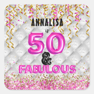 Pegatina Cuadrada Oro Rosa 50 Fabuloso cumpleaños número 50