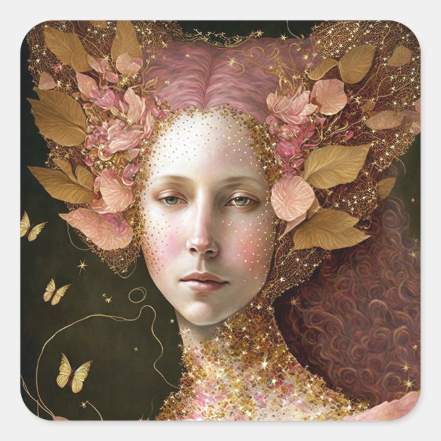 Pegatina Cuadrada Oro Rosa Fae Fae Mujer Fantasía Arte (Anverso)