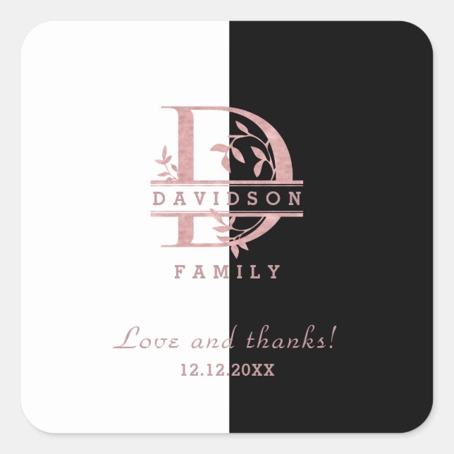 Pegatina Cuadrada Oro Rosa Moderno con Monograma Personalizado Divid (Anverso)