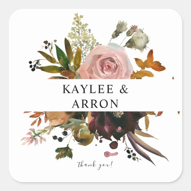 Pegatina Cuadrada Oro Rústico, Morado Y Floral Rosa Gracias 2 (Anverso)